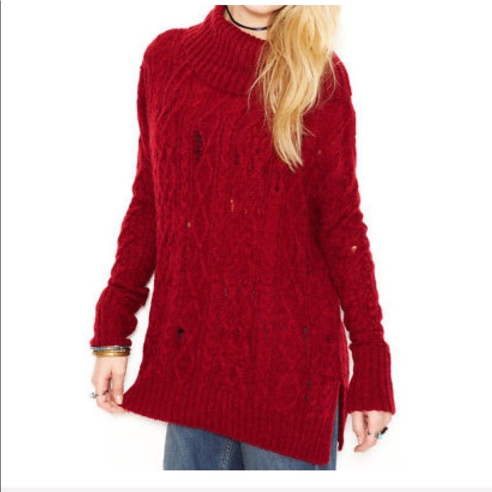 New FREE PEOPLE CABLE/COWL NECK SWEATER DEEP RED S